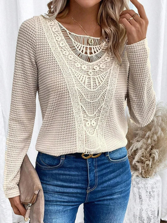 Effortless Crochet Lace Waffle Knit Blouse for Women with Round Neck Long Sleeve Fringe Trim Boho Style