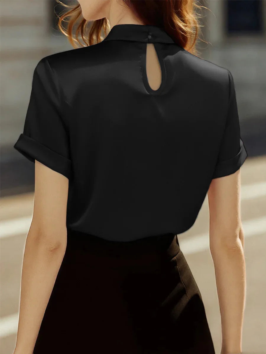 Elegant Satin Blouse for Women with Stand Collar Short Sleeve Keyhole Silky Style