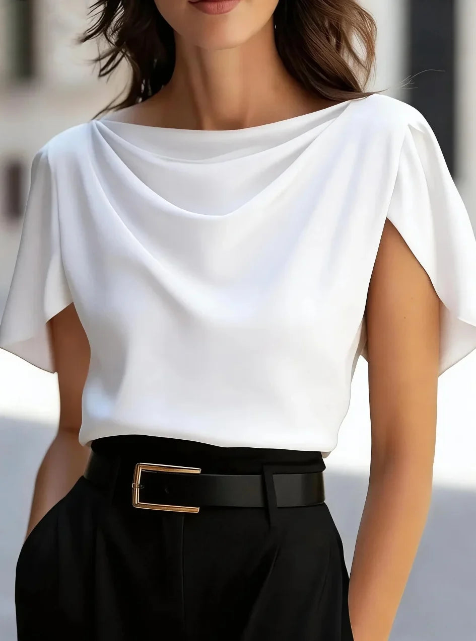 Elegant Draped Blouse for Women with Cowl Neck Flutter Sleeve Relaxed Silky Style