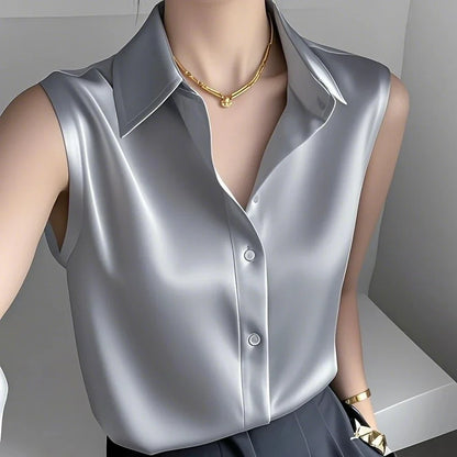 Elegant Satin Blouse for Women with Collar Sleeveless Button Front Silky Style