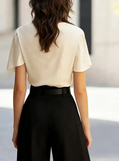 Elegant Draped Blouse for Women with Cowl Neck Flutter Sleeve Relaxed Silky Style