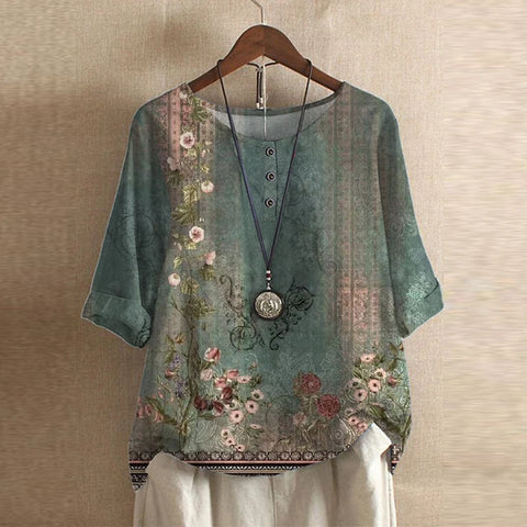 Effortless Patchwork Print Blouse for Women with Round Neck Elbow Sleeve Button Front Relaxed Boho Style