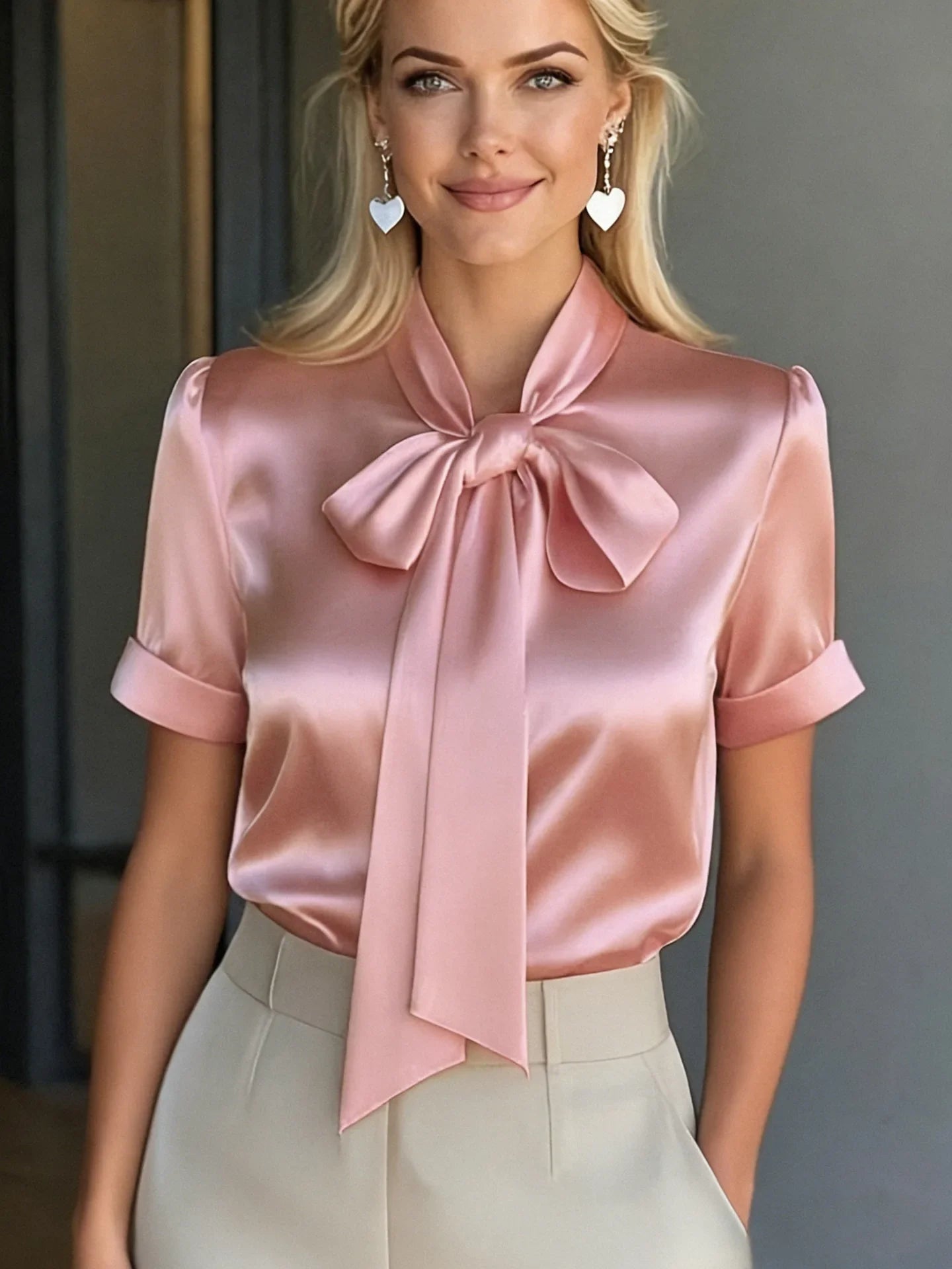Elegant Satin Blouse for Women with Bow Tie Neck Short Sleeve Silky Style