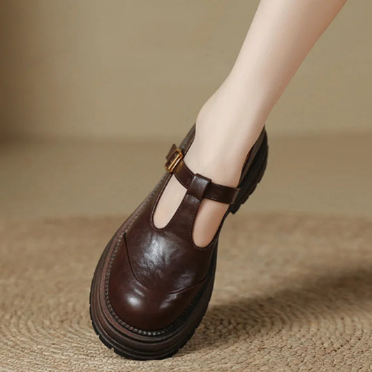 Effortless Leather Mary Jane Platform Loafer for Women with T Strap Buckle Chunky Sole Vintage Style