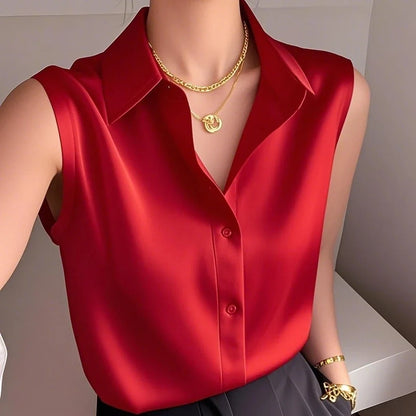 Elegant Satin Blouse for Women with Collar Sleeveless Button Front Silky Style