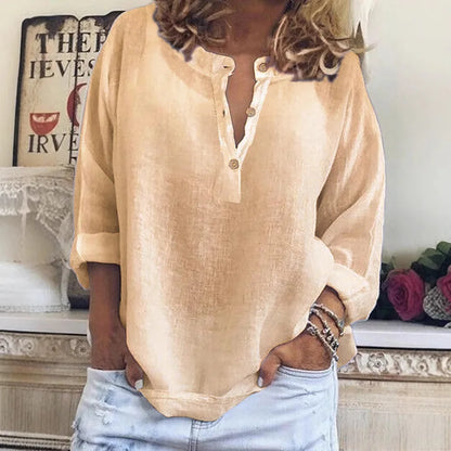 Effortless Linen Blouse for Women with Split Neck Long Sleeve Button Front Relaxed Style