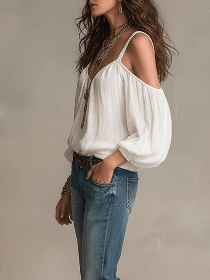Effortless Cotton Blouse for Women with V Neck Cold Shoulder Balloon Sleeve Bohemian Style