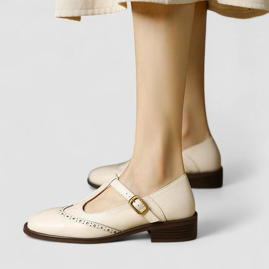 Elegant Leather Mary Jane Shoes for Women with Round Toe T Strap Buckle Vintage Style