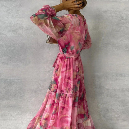 Effortless Pink Tie Dye Maxi Dress for Women with V Neck Long Sleeve Wrap Tiered Ruffle Bohemian Style