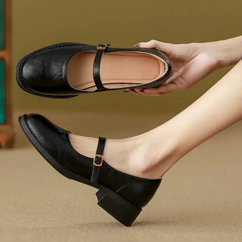 Elegant Leather Mary Jane Flats for Women with Round Toe Buckle Strap Block Heel Vintage Style