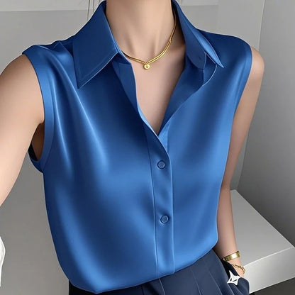 Elegant Satin Blouse for Women with Collar Sleeveless Button Front Silky Style