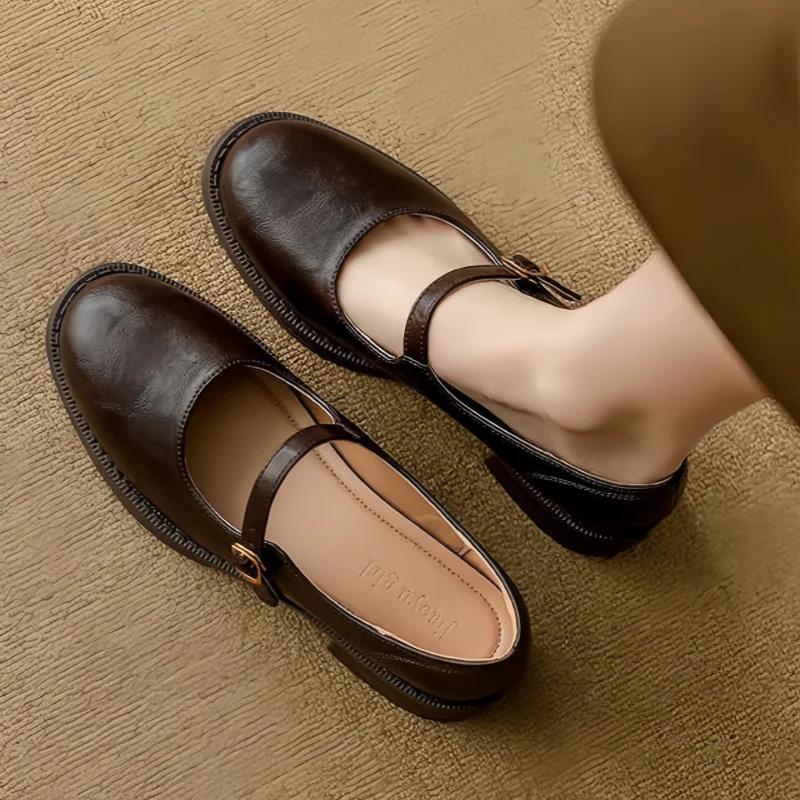 Elegant Leather Mary Jane Flats for Women with Round Toe Buckle Strap Block Heel Vintage Style