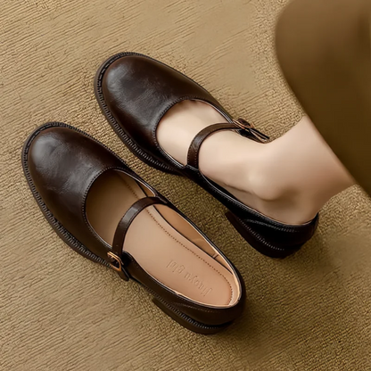 Elegant Leather Mary Jane Flats for Women with Round Toe Buckle Strap Block Heel Vintage Style