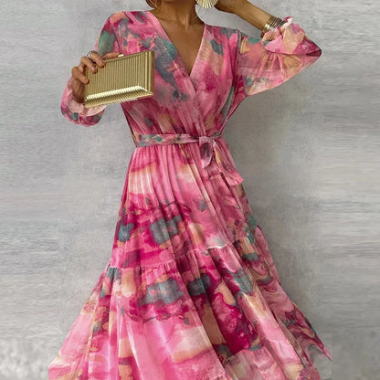 Effortless Pink Tie Dye Maxi Dress for Women with V Neck Long Sleeve Wrap Tiered Ruffle Bohemian Style
