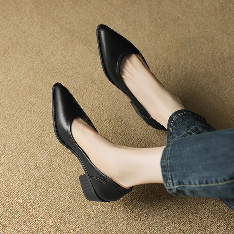 Elegant Leather Pointed Toe Pump for Women with Chunky Block Heel Slip On Casual Style