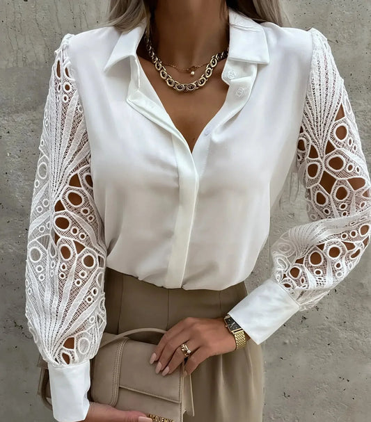 Elegant Crochet Lace Blouse for Women with Collar Long Sleeve Button Front Cutout Silky Style