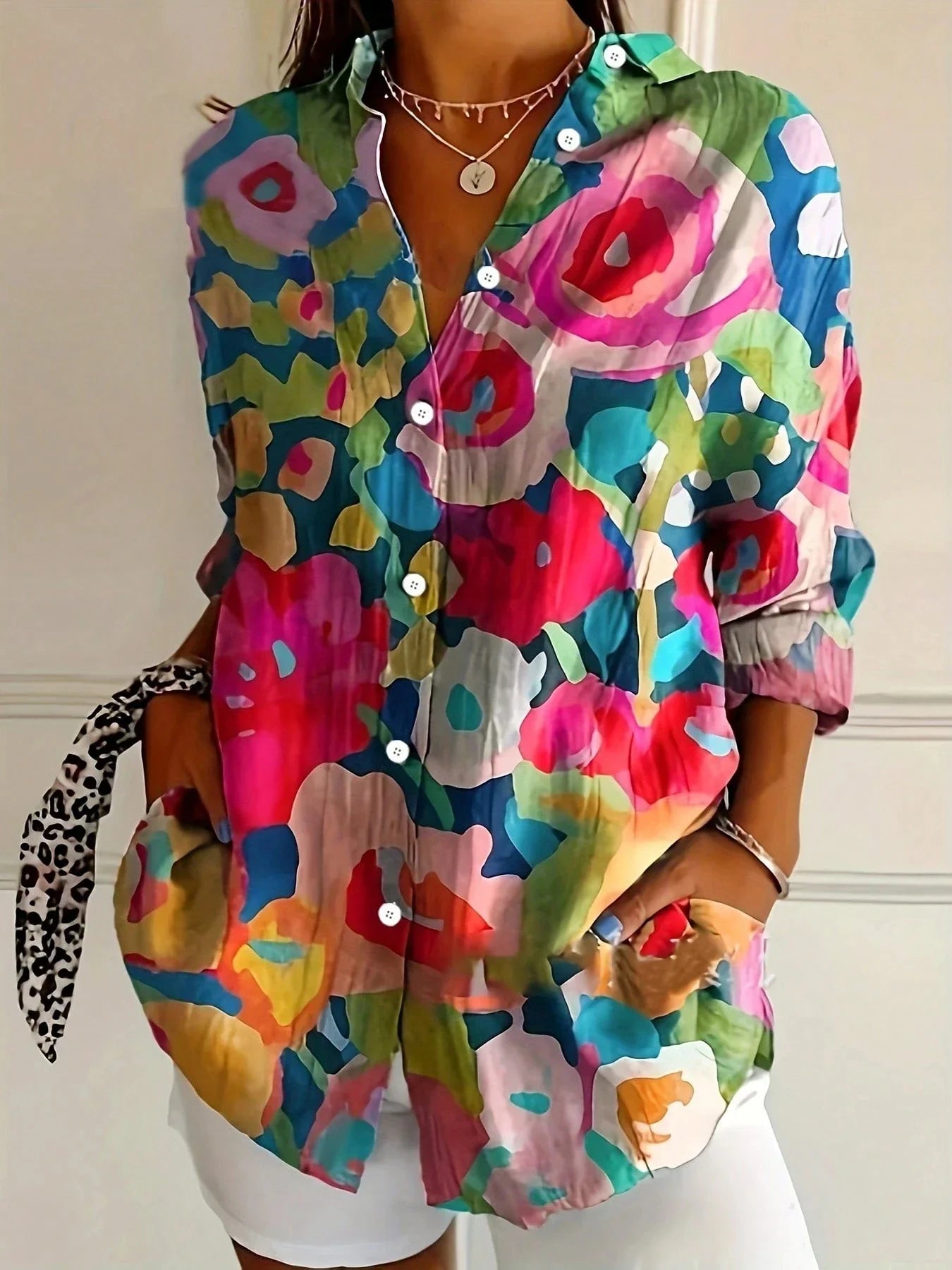 Effortless Watercolor Floral Blouse for Women with Collar Long Sleeve Button Front Relaxed Style