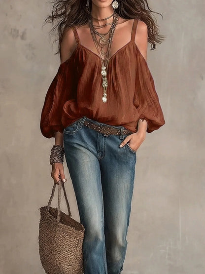 Effortless Cotton Blouse for Women with V Neck Cold Shoulder Balloon Sleeve Bohemian Style