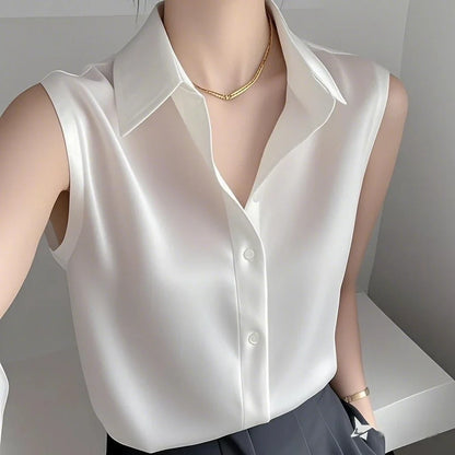 Elegant Satin Blouse for Women with Collar Sleeveless Button Front Silky Style