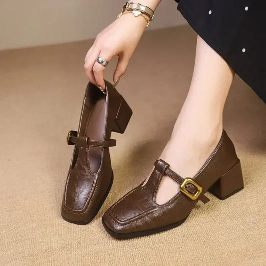 Elegant Leather Mary Jane Pump for Women with Square Toe T Strap Gold Buckle Block Heel Style