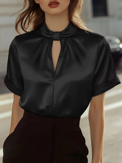 Elegant Satin Blouse for Women with Stand Collar Short Sleeve Keyhole Silky Style