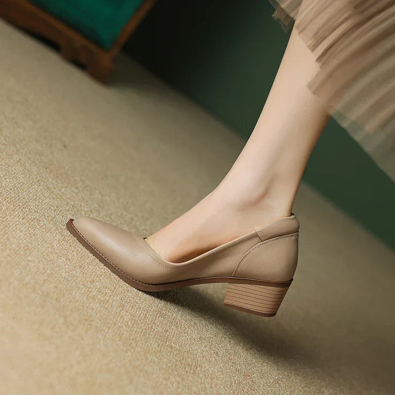 Elegant Leather Pointed Toe Pump for Women with Chunky Block Heel Slip On Casual Style