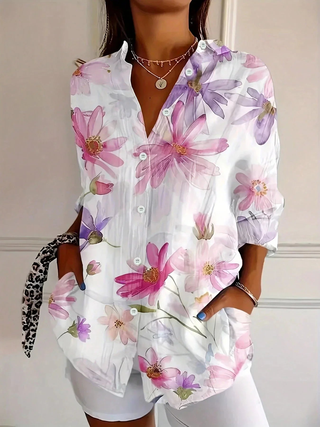 Effortless Watercolor Floral Blouse for Women with Collar Long Sleeve Button Front Relaxed Style