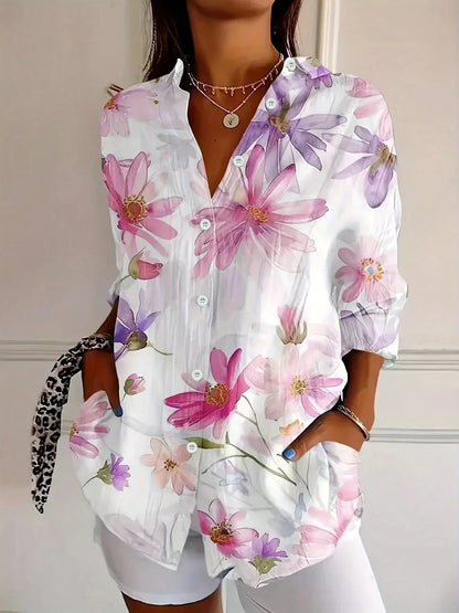 Effortless Watercolor Floral Blouse for Women with Collar Long Sleeve Button Front Relaxed Style