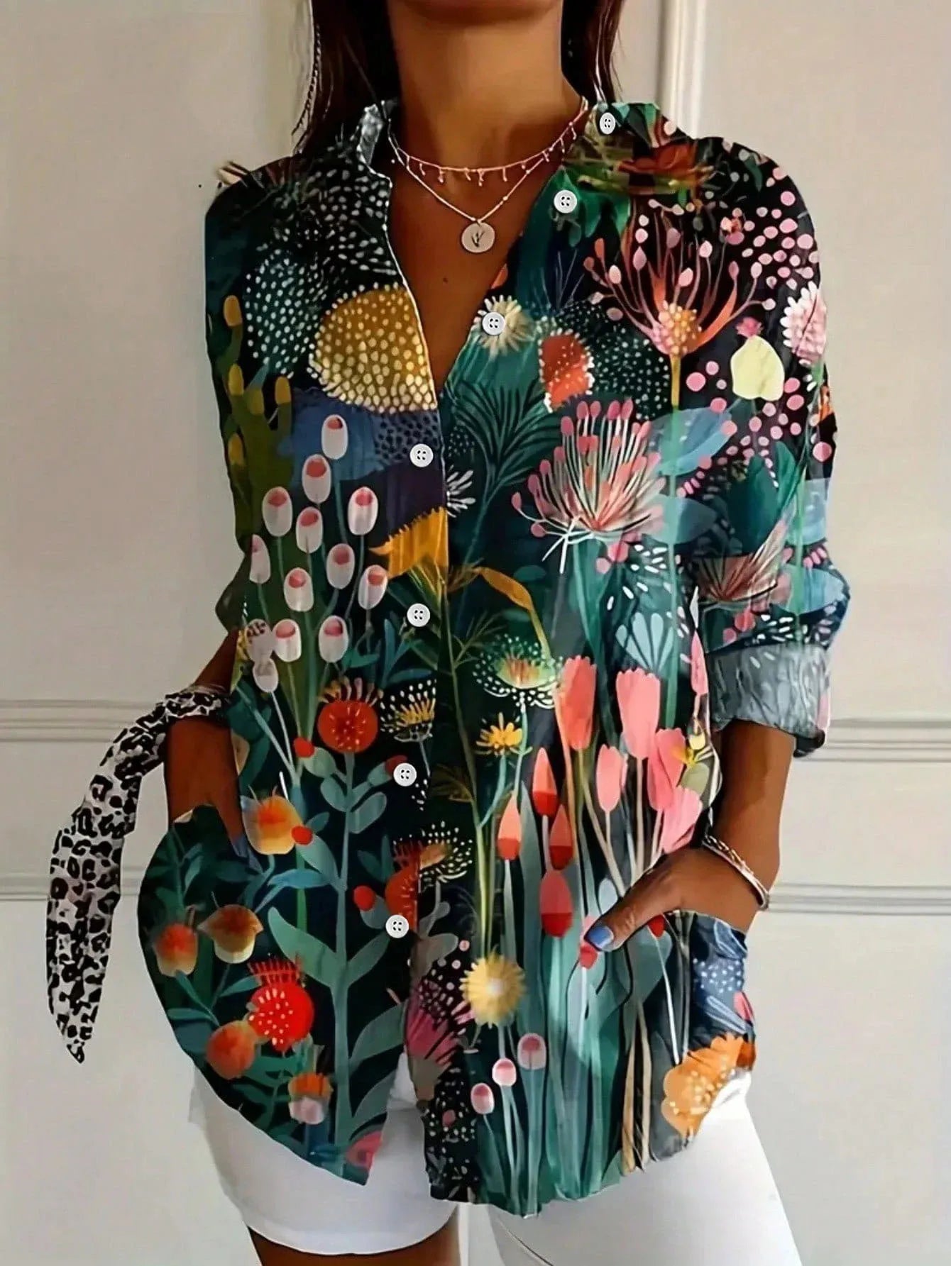 Effortless Watercolor Floral Blouse for Women with Collar Long Sleeve Button Front Relaxed Style
