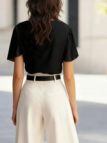 Elegant Draped Blouse for Women with Cowl Neck Flutter Sleeve Relaxed Silky Style