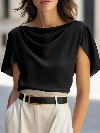 Elegant Draped Blouse for Women with Cowl Neck Flutter Sleeve Relaxed Silky Style