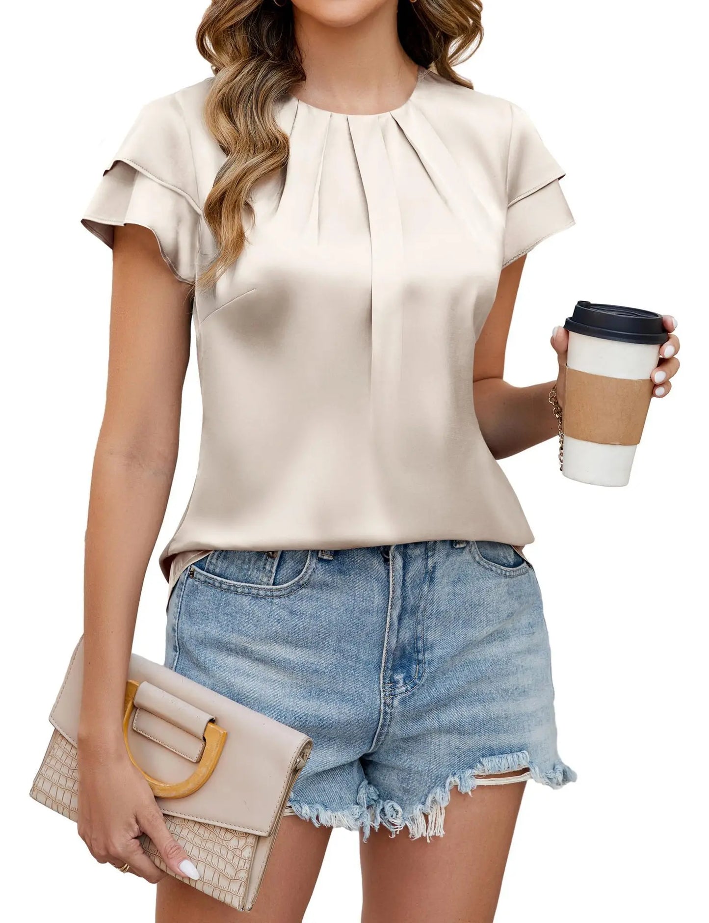 Elegant Satin Blouse for Women with Pleated Round Neck Flutter Sleeve Relaxed Silky Style