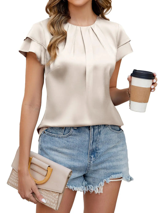 Elegant Satin Blouse for Women with Pleated Round Neck Flutter Sleeve Relaxed Silky Style