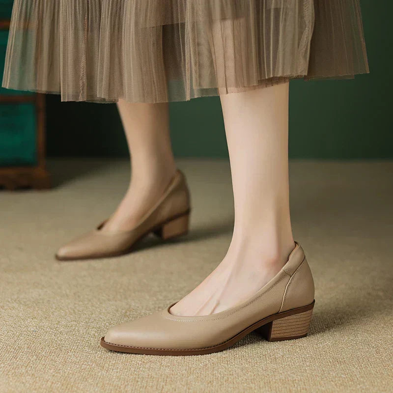 Elegant Leather Pointed Toe Pump for Women with Chunky Block Heel Slip On Casual Style