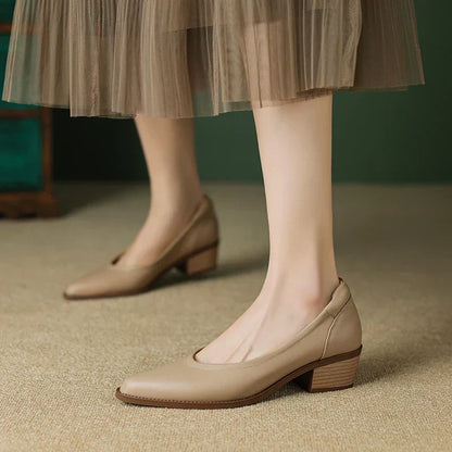 Elegant Leather Pointed Toe Pump for Women with Chunky Block Heel Slip On Casual Style
