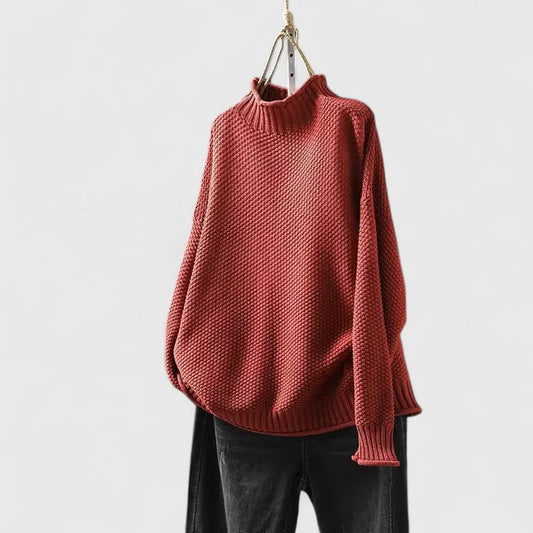 Comfortable Textured Knit Sweater for Women with Mock Neck Long Sleeve Relaxed Oversized Curved Hem Style