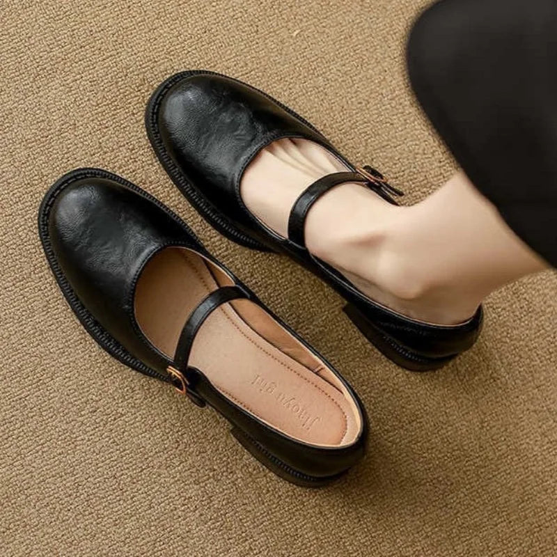 Elegant Leather Mary Jane Flats for Women with Round Toe Buckle Strap Block Heel Vintage Style
