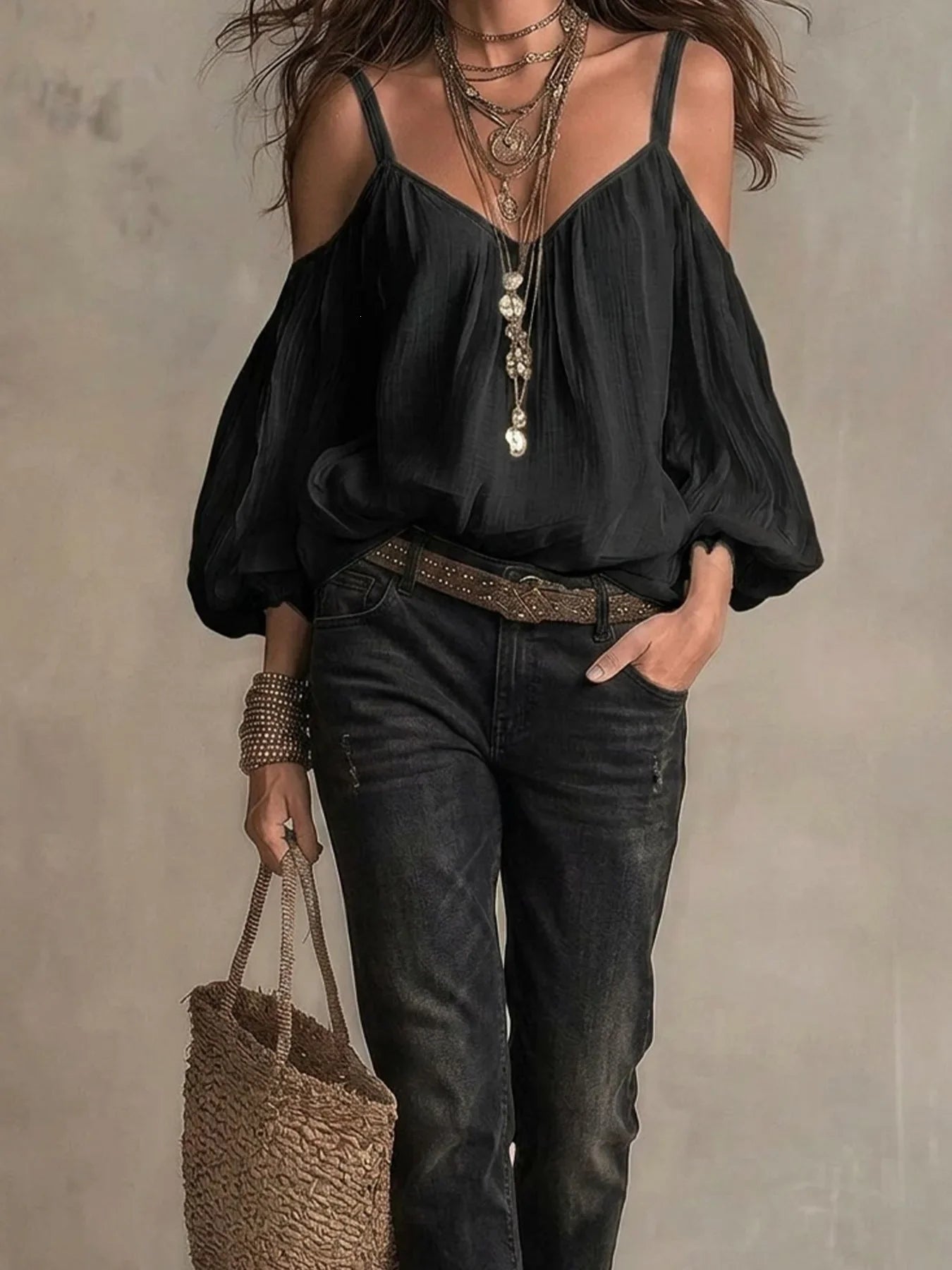 Effortless Cotton Blouse for Women with V Neck Cold Shoulder Balloon Sleeve Bohemian Style