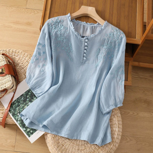 Effortless Embroidered Linen Blouse for Women with V Neck Elbow Sleeve Relaxed Boho Style