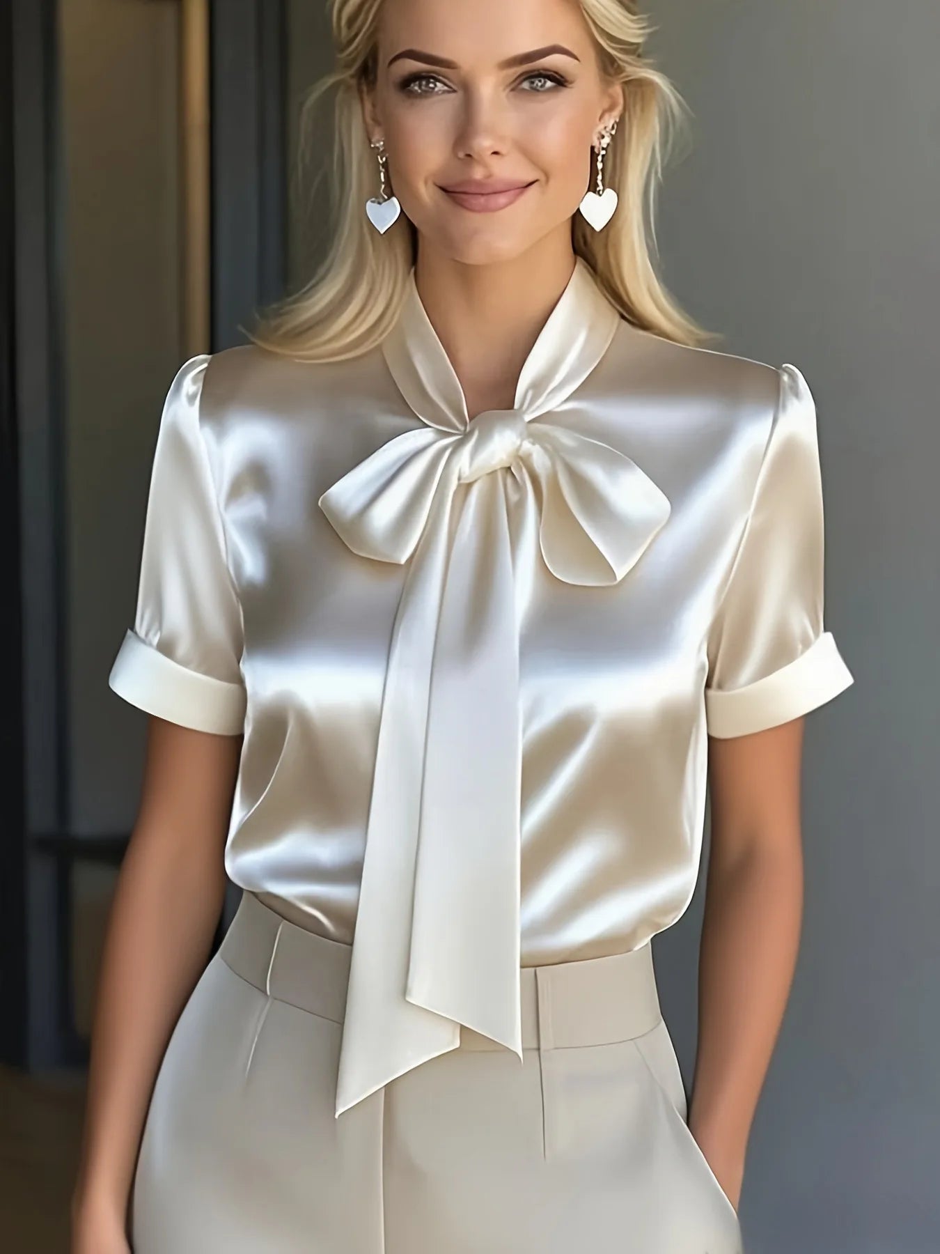 Elegant Satin Blouse for Women with Bow Tie Neck Short Sleeve Silky Style