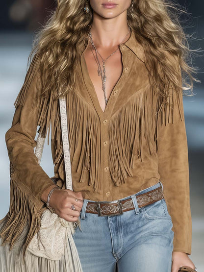 Elegant Light Brown Suede Fringe Blouse for Women with Collar Long Sleeve Button Front Western Style