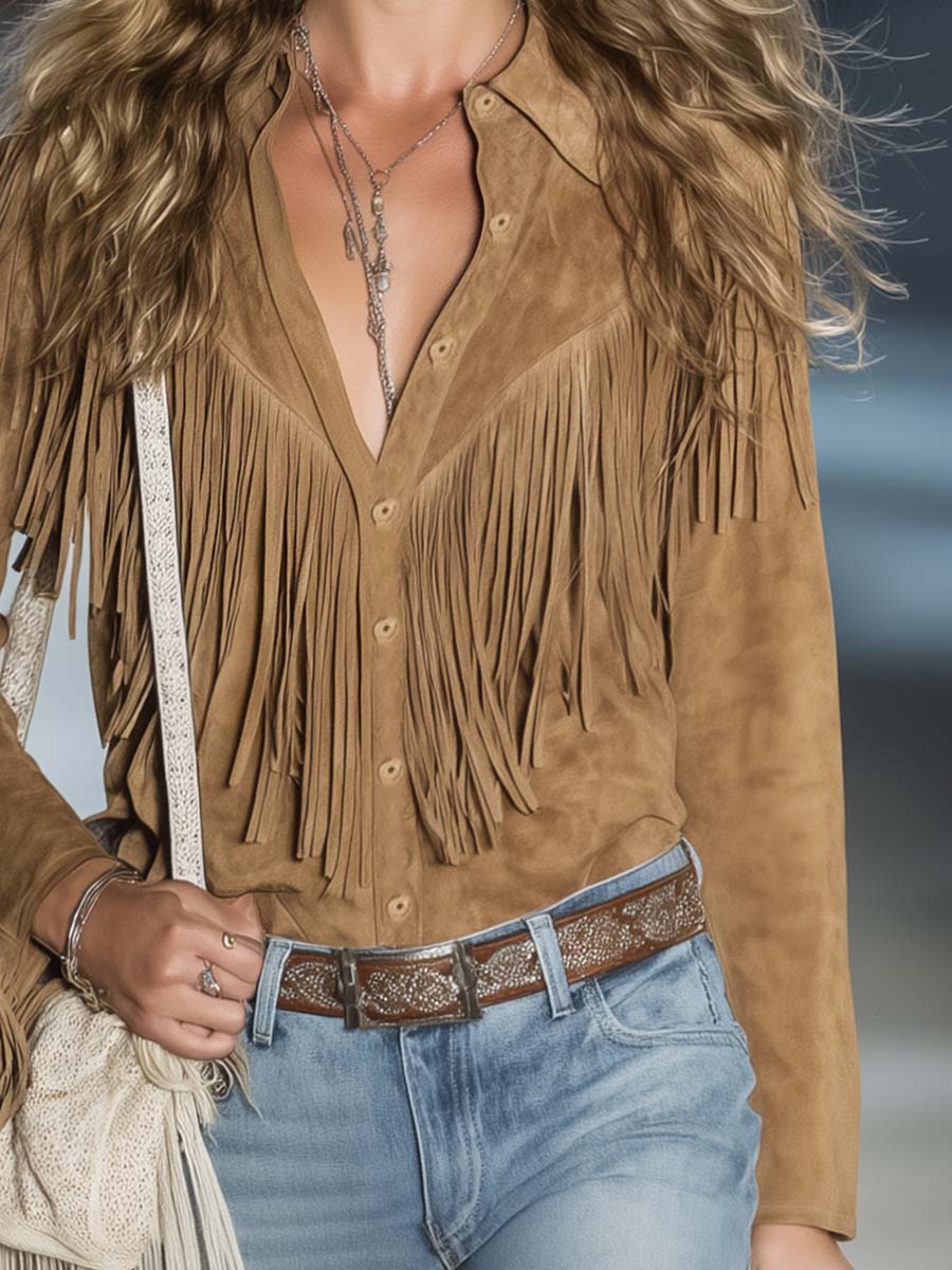 Elegant Light Brown Suede Fringe Blouse for Women with Collar Long Sleeve Button Front Western Style