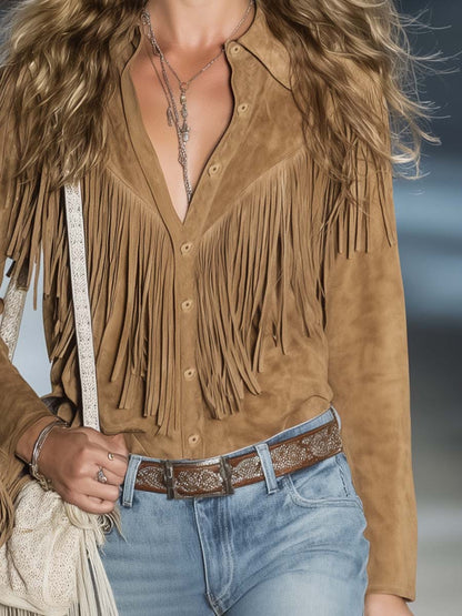 Elegant Light Brown Suede Fringe Blouse for Women with Collar Long Sleeve Button Front Western Style