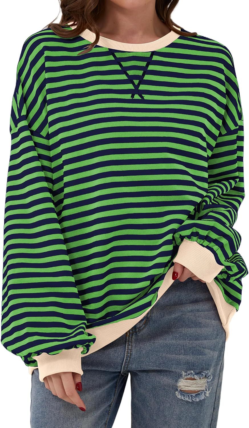 Simone | Women's Striped Contrast Crew Neck Long Sleeve Sweater