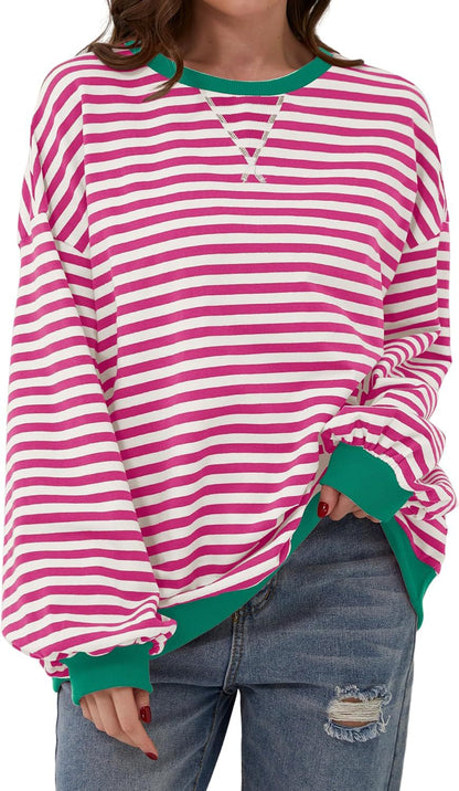 Simone | Women's Striped Contrast Crew Neck Long Sleeve Sweater