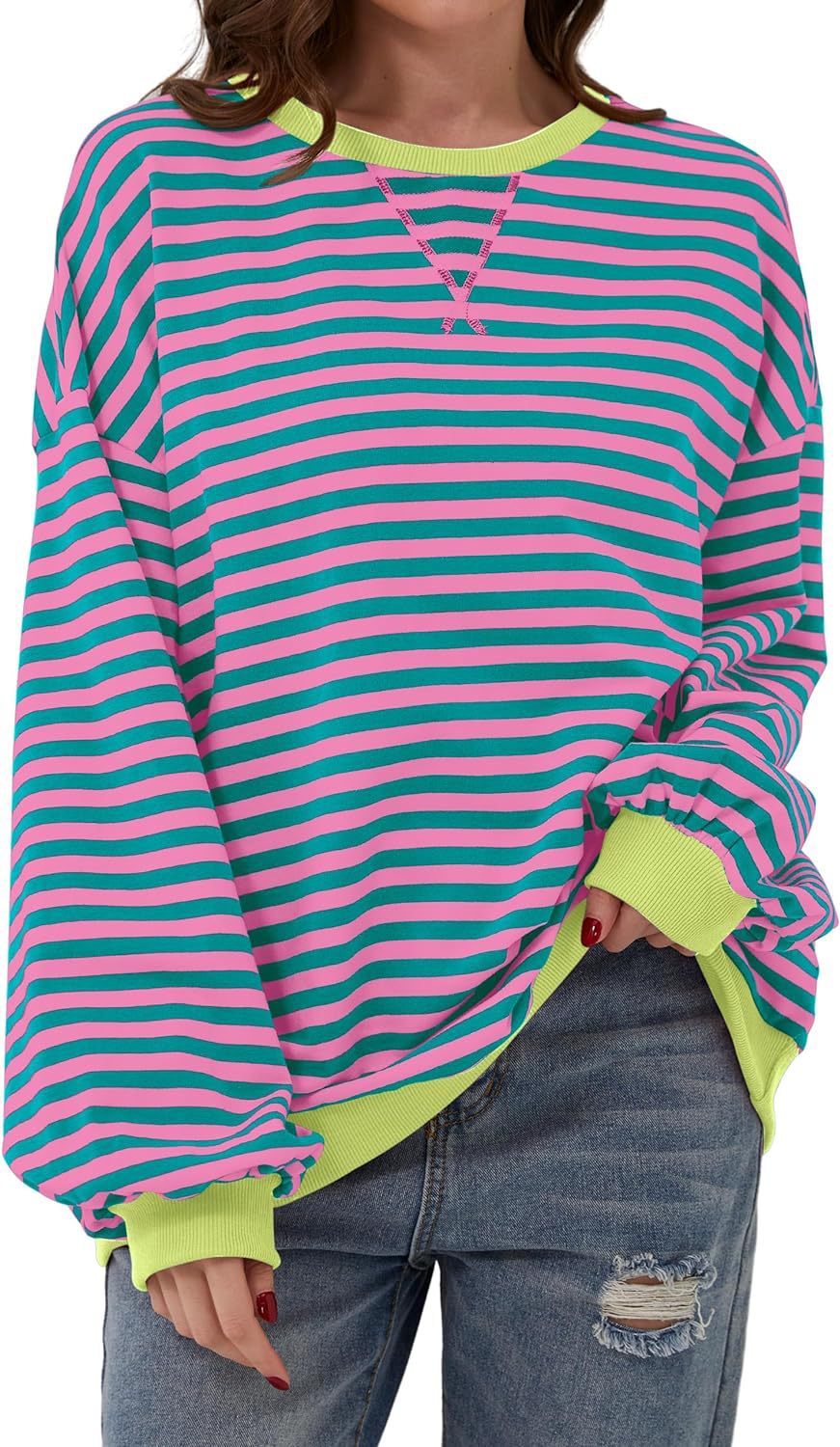 Simone | Women's Striped Contrast Crew Neck Long Sleeve Sweater