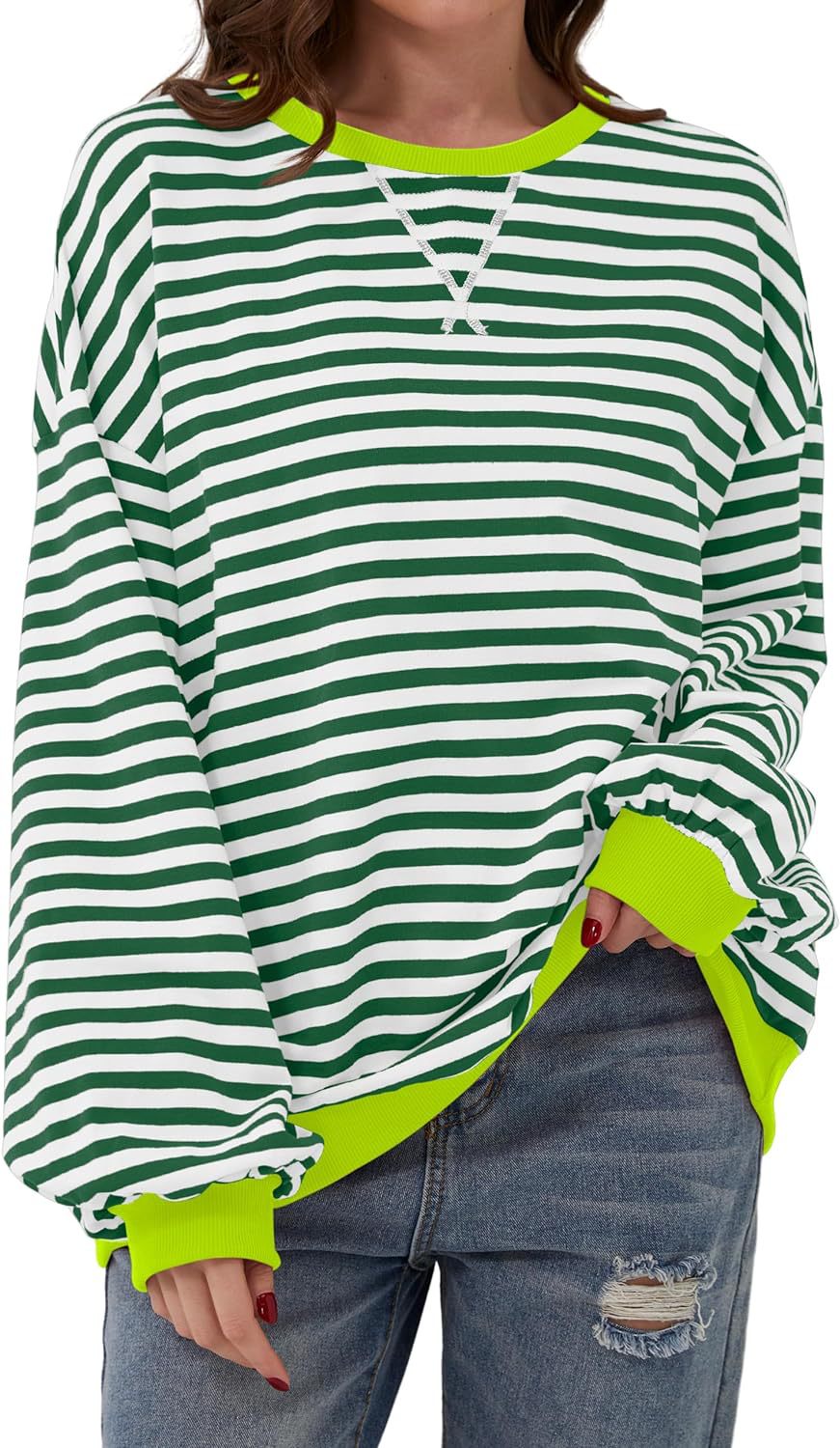 Simone | Women's Striped Contrast Crew Neck Long Sleeve Sweater