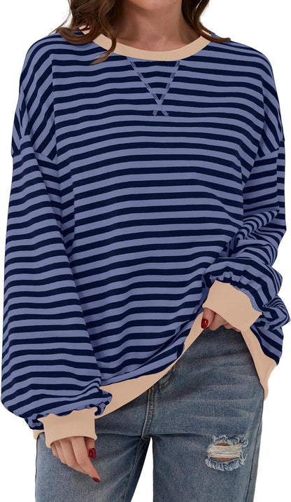 Simone | Women's Striped Contrast Crew Neck Long Sleeve Sweater