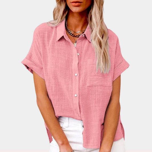 Effortless Linen Blouse for Women with Collar Short Sleeve Button Front High Low Hem Relaxed Style