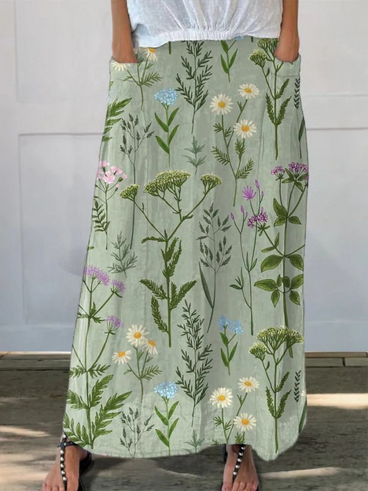 Effortless Green Botanical Print Maxi Skirt for Women with High Waist A Line Flowing Casual Style